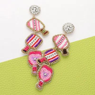 Fashnzfab Seed Beaded Pickleball Paddle Link Dropdown Dangle Earrings - Pink In Multi