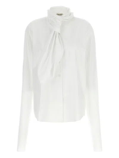 Alberta Ferretti Long Sleeve Collarless Shirt With Scarf Detail In White