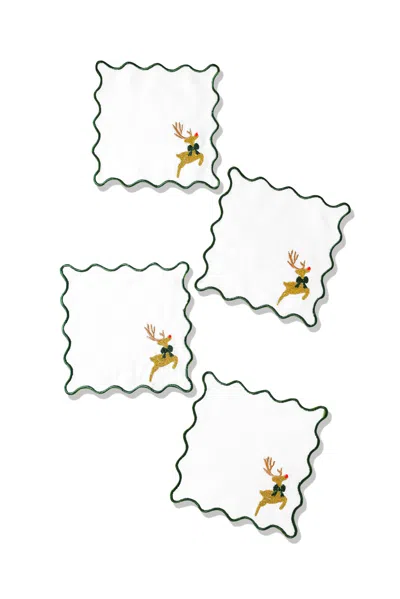 Tiramisu Prancing Reindeer Embroidered Cocktail Napkins - Set Of 4 In Multi