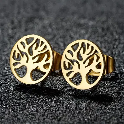 Fashnzfab Stainless Steel Tree Of Life Stud Earrings - Gold In Gold
