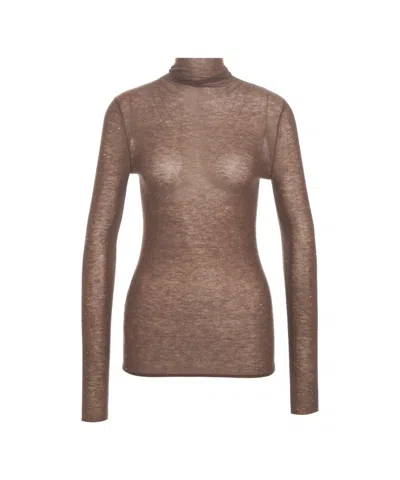 Pinko High-neck Slender-fit Top With Semi-transparent Knit In Brown