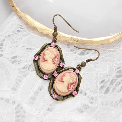 Fashnzfab Cameo Accented Stone Embellished Dangle Earrings - Pink In Brown