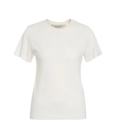 Golden Goose Embroidered Logo T-shirt In Soft White Cotton In White