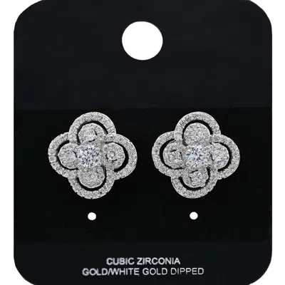 Fashnzfab White Gold Dipped Floral Cz Stone Stud Earrings - Rhodium In Metallic