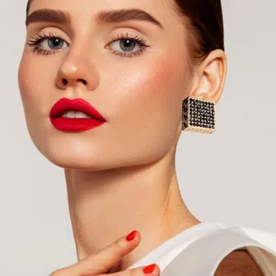 Fashnzfab Greek Pattern Detailed Rhinestone Embellished Square Earrings - Gold, Jet Black In Black