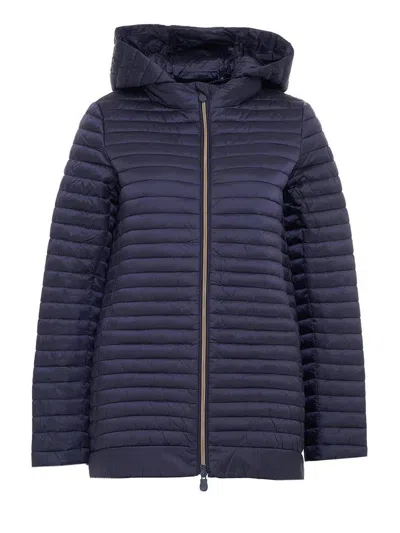 Save The Duck Quilted Hooded Jacket With Full-length Zipper In Blue