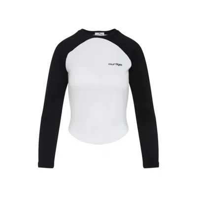Courrèges Long-sleeved Contrast T-shirt With Rounded Hem And Logo Print In White