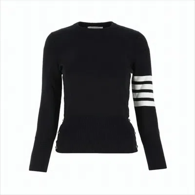 Thom Browne Textured Knit Sweater With Striped Detailing And Decorative Buttons In Black