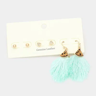 Fashnzfab 3pairs - Metal Ball Rhinestone Triangle Fan Shaped Cheetah Patterned Genuine Leather Tassel Fringe E In Green