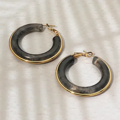 Fashnzfab Stainless Steel Gold Trimmed Chunky Resin Hoop Earrings - Black, Gold In Multi