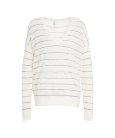 Mvm Striped Knit Sweater With Classic V-neck In White