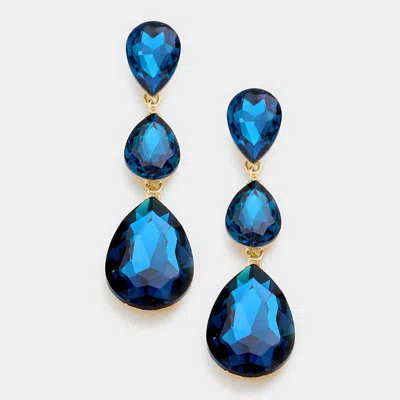 Fashnzfab Triple Glass Crystal Teardrop Evening Earrings - Gold, Blue Zircon In Blue