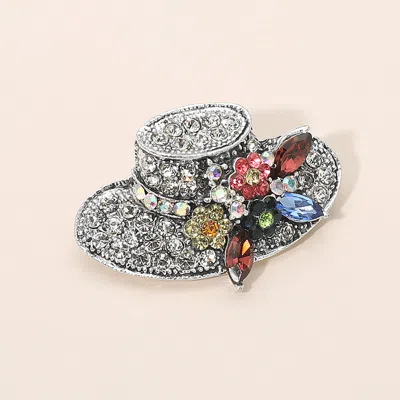 Fashnzfab Silver Dipped Rhinestone Embellished Floral Hat Pin Brooch / Pendant In Multi