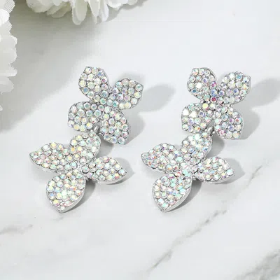 Fashnzfab Rhinestone Paved Double Flower Link Drop Evening Earrings - Clear, Silver In Metallic