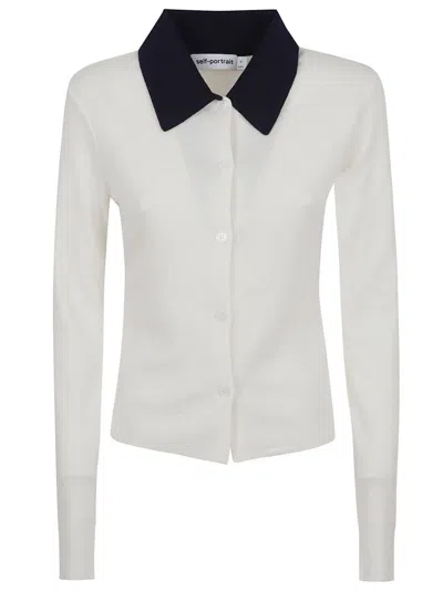 Self-portrait Cream Merino Wool Cardigan With Polo Collar And Button Closure In White