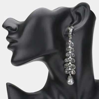 Fashnzfab Stone Embellished Leaf Pearl Link Dangle Evening Earrings - Gray In Metallic