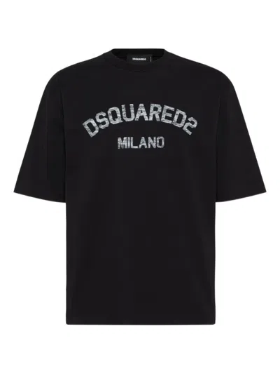 Dsquared2 Loose Fit Tee Logo Dsq2 Milano Sbiadito Effetto Texture Jersey Di Cotone T-shirt In Black