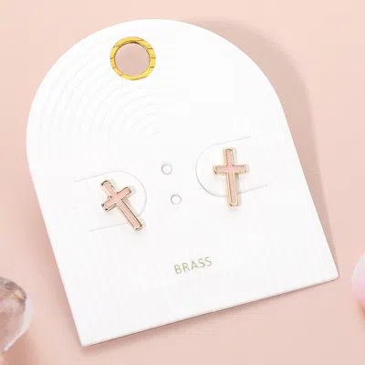Fashnzfab Enamel Mini Cross Stud Earrings - Gold, Pink In Gold