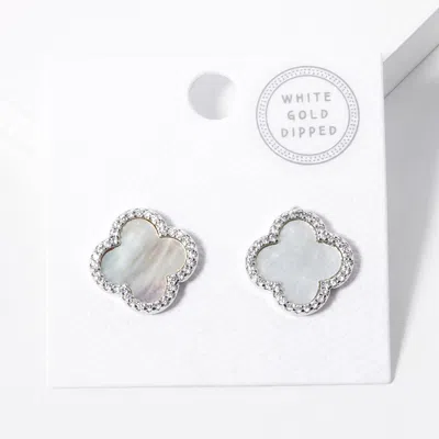 Fashnzfab White Gold Dipped Quatrefoil Stud Earrings - Rhodium, White In Metallic