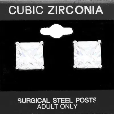 Fashnzfab 12mm Square Cz Stud Earrings - Silver In Silver
