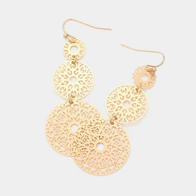 Fashnzfab Triple Round Brass Metal Filigree Link Dropdown Dangle Earrings - Matte Gold In Gold