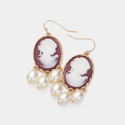 Fashnzfab Triple Pearl Embellished Cameo Dangle Earrings - Neutral In Gold
