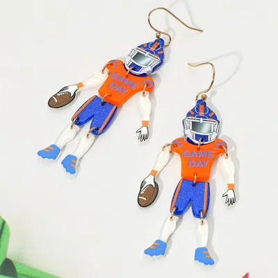Fashnzfab Resin Game Day Football Player Dangle Earrings - Blue, Orange In Blue