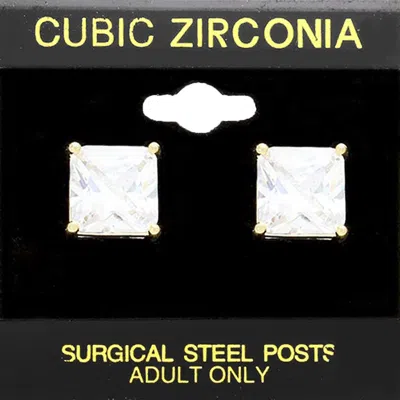 Fashnzfab 11mm Square Cz Stud Earrings - Clear, Gold In Multi
