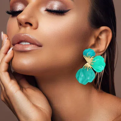 Fashnzfab Resin Half Flower Petal Earrings - Blue Zircon, Gold In Green