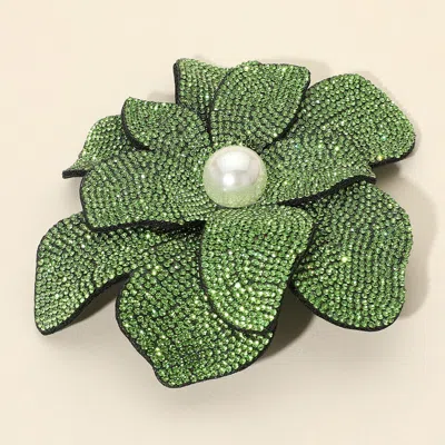 Fashnzfab Pearl Accent Bling Studded Flower Pin Brooch Alligator Snap Hair Clip In Green