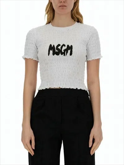 Msgm Cropped Textured Top With Ruched Fabric In White