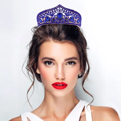 Fashnzfab Teardrop Stone Cluster Accent Intricate Design Crown Tiara In Blue