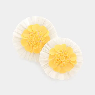 Fashnzfab Seed Beaded Sequin Pointed Raffia Flower Earrings - Ivory In Yellow