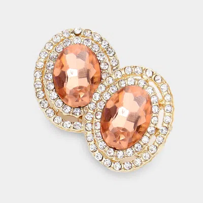Fashnzfab Rhinestone Trim Oval Stone Stud Evening Earrings - Peach In Gold