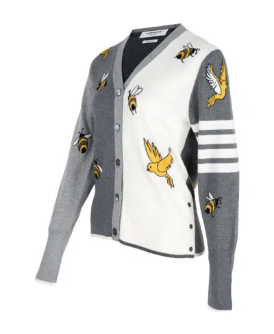 Thom Browne Fun Mix Birds  Bees Half Drop Intarsia V Neck Cardigan In Merino And Cotton W/ 4 Bar In Multi