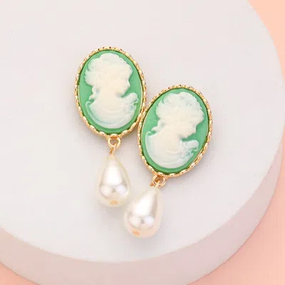 Fashnzfab Teardrop Pearl Dangle Cameo Earrings - Green In Green