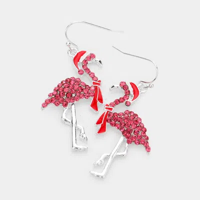 Fashnzfab Rhinestone Embellished Enamel Metal Santa Hat Flamingo Dangle Earrings - Fuchsia In Red
