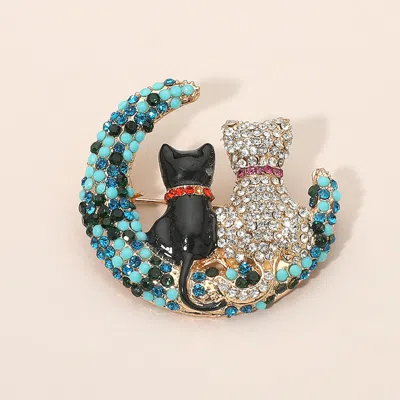 Fashnzfab Gold Dipped Rhinestone Embellished Cat And Moon Pin Brooch In Multi