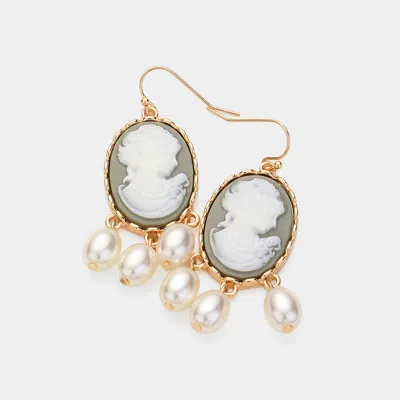 Fashnzfab Triple Pearl Embellished Cameo Dangle Earrings - Gray In Gray