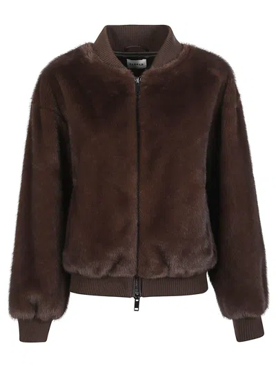 P.a.r.o.s.h . Faux Fur Bomber Jacket With Textured Appearance And Ribbed Details In Brown