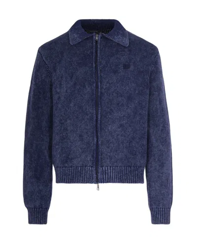 Daily Paper Mens Indigo Logo-patch Ribbed Knitted Cardigan Xl In Blue