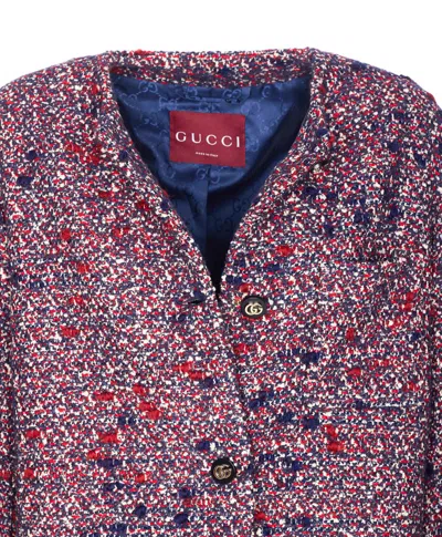 Gucci Multicolor Crewneck Jacket With Gg Logo On The Buttons In Wool Blend Woman In Purple