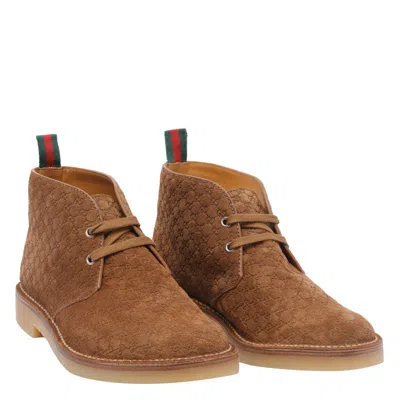 Gucci Lace-up Suede Ankle Boots With Pull Tab In Brown
