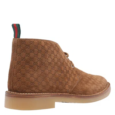 Gucci Lace-up Suede Ankle Boots With Pull Tab In Brown