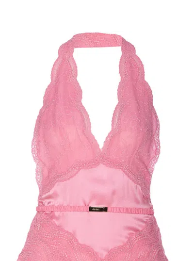 Gucci Halter Neck Midi Dress With Belt Detail In Pink
