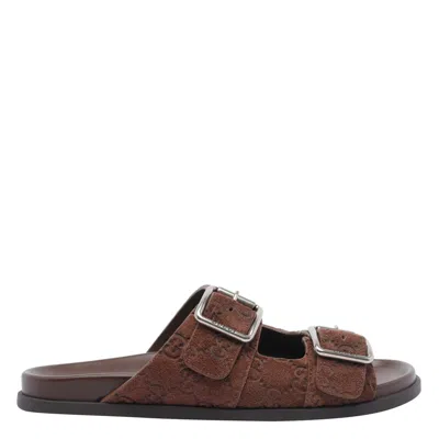 Gucci Suede Slide Sandals Open Toe In Brown