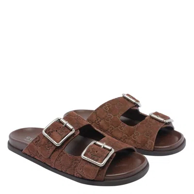 Gucci Suede Slide Sandals Open Toe In Brown
