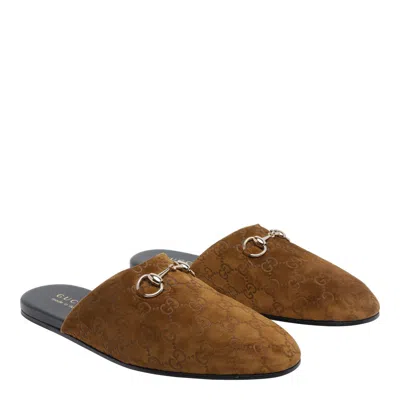 Gucci Men Brown Mule With Horsebit On The Front And All-over Gg Motif In Suede Man In Brown