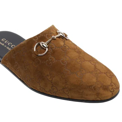 Gucci Men Brown Mule With Horsebit On The Front And All-over Gg Motif In Suede Man In Brown