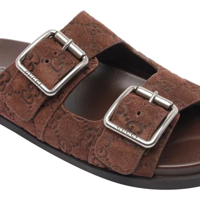 Gucci Suede Slide Sandals Open Toe In Brown